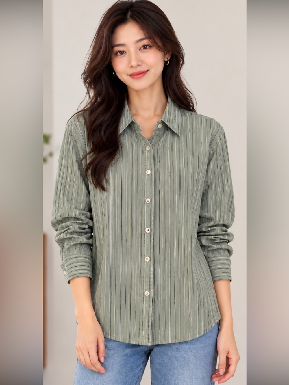 Ralph Lauren Light Green Striped Button Down Shirt Size Large